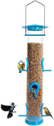 Urban Deco Bird Feeders Hanging Plastic Tube Bird Seed Feeder With 6 Ports Niger Seed Bird Feeder With Steel Hanger Weatherproof Fat Ball Bird Feeder Bird Feeder For Small Birds - Red - 2 Pack