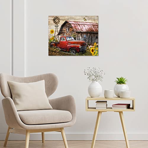 Lb Rustic Farmhouse Canvas Wall Art Old Car And Cattle With Barn Framed Canvas Art Farm Cow And Sunflowers Canvas Wall Art Decor For Living Room Brown Bedroom Bathroom Decor, 16 X 12 Inch #TOP4