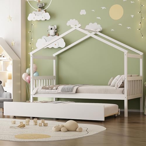 Image of Twin Size Creativity House Bed with Roof Frame and Twin Size Trundle, Montessori Wooden Platform Bed with Sturdy Slats Support for Kids Teens Girls Boys, No Box Spring Needed (White-02, Twin)
