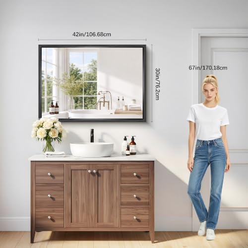Image of Bathroom Mirror, 42 x 30 Inch Brushed Black Rectangle Mirror, 0.6 inch Thickened Deep Frame Vanity Mirrors for Bathroom Sink, Shatterproof Tempered Glass, Antirust, Horizontally or Vertically