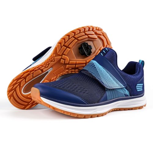 TAILORIA Mens SPD Cycling Shoes with Cleats Breathable Spin Bike Shoes Comfortable Walkable Indoor Outdoor Cycling Shoes for Road Bike Dark Blue