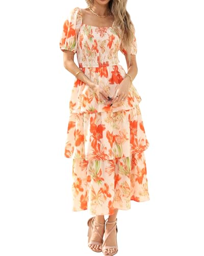 BTFBM Womens Square Neck Smocked Dress Summer Puff Short Sleeve Floral Casual Ruffle Tiered Maxi Wedding Guest Dresses(Floral Apricot Orange, Small)