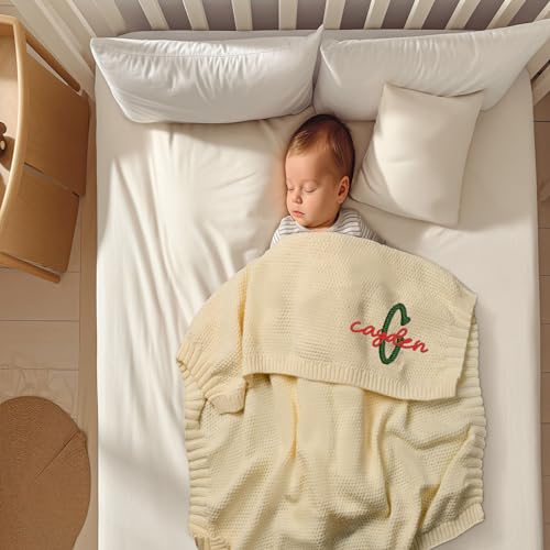 Image of LOVELYPOD Custom Knit Baby Blanket, Personalized Embroidered Name Nursery Blankets for Newborn Holiday Shower Gift (Knit Blanket)