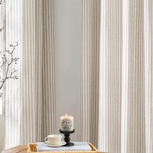 Image of jinchan Linen Curtains 96 inch Taupe Stripe on Linen Grommet 2 Panels
