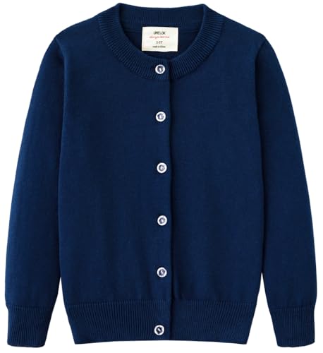 UMELOK Girls' Cardigans Sweaters Cotton Long Sleeve School Uniform Navy Blue, 7-8Y