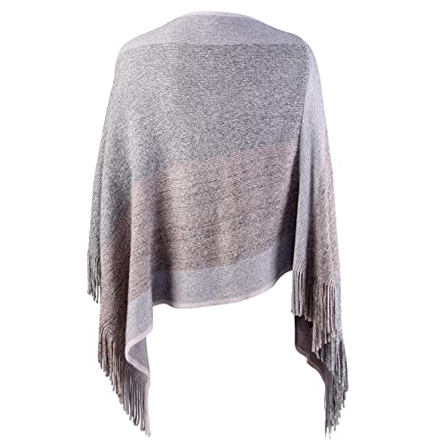 Image of Women's Elegant Knitted Shawl Poncho with Fringed V-Neck Striped Sweater Pullover Cape Gifts for Women Mom