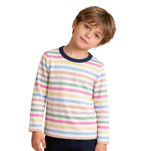 Image of LittleSpring Unisex Kids Long Sleeve Striped Tee Shirt Tagless Crew Neck Cotton T-Shirt