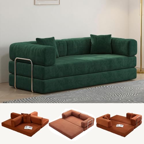 Genérico Sofá Cama De 2-3 Plazas con Función De Cama,Sofá Cama Modular con Reposabrazos,Tapizado De Pana, Combinable, No Requiere Montaje, Sofá De Suelo para Salón/Dormitorio,Verde,220x100x70cm