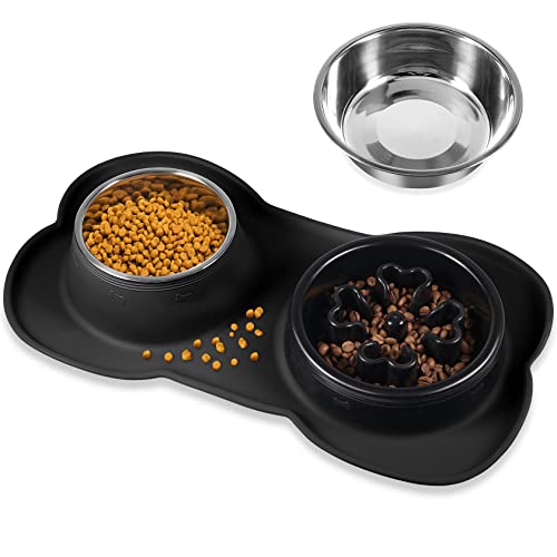 Unaibber 2pcs Comedero para Gatos Perros Mascotas de Acero Inoxidable 12oz/850ml con 1 Comedero Lento, Base de Silicona Antideslizante(Negro) Cover