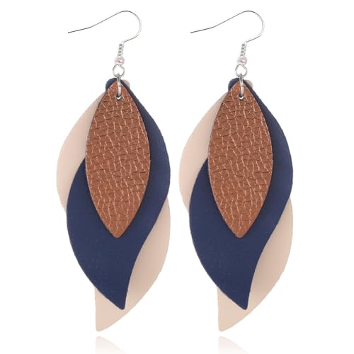 ANXIN boho unique Leather Earrings 2 Layered Lightweight Faux Leather Leaf Earrings Layered Design Drop Earrings Gift for Women