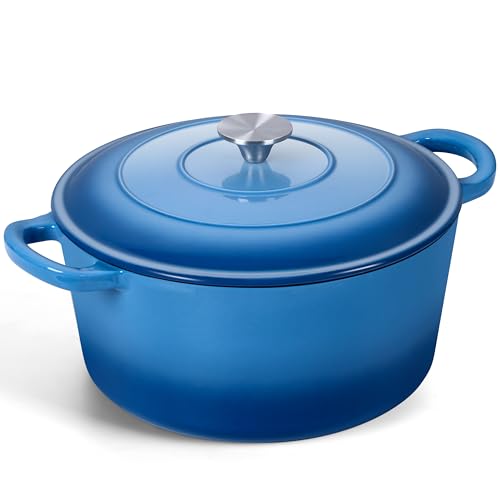 Onader Enameled Cast Iron Dutch Oven Pot with Lid, 7 Quart Round Dutch Oven for Bread Baking, Heavy Duty Large Cast Iron Pot - Blue