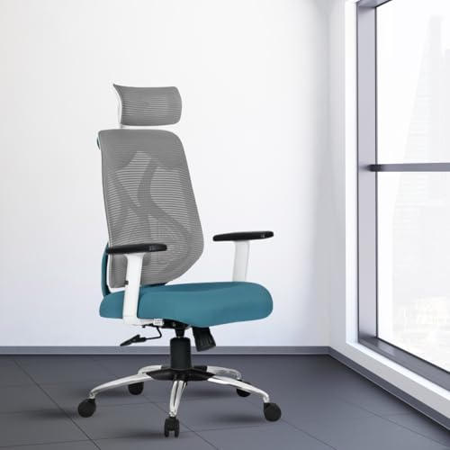Image of activa Hector Ergonomic Office Chair | Mesh Computer Chair with 2D Armrest | Adjustable Headrest & Lumbar Support | Executive Revolving Desk Chair for Workspace /Desk (White & Teal, High Back)