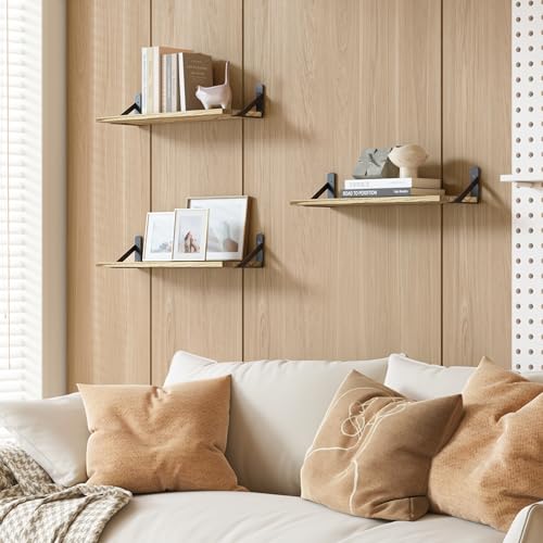 Image of YGEOMER 16.5 Inch Floating Shelves for Wall, Farmhouse Wall Shelves for Bedroom, Bathroom Storage, Living Room and Kitchen Decor (Set of 6 Light Brown Color)