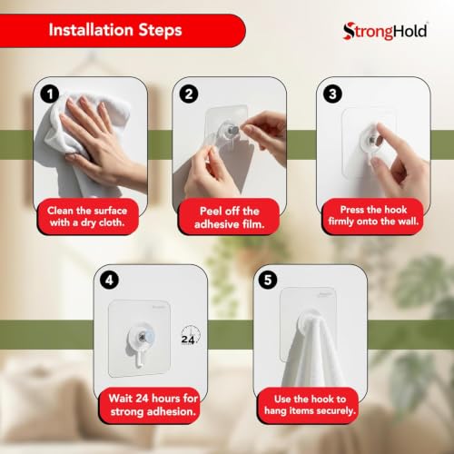 Image of StrongHold Self Adhesive Wall Hooks Without Drilling - 40 Pcs Heavy Duty Transparent Hooks for Photo Frames, Wall Clocks, Keys & Home Decor, Nail Free Damage Free Hanging Hooks