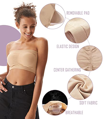 PUREMSX Strapless Bras for Women, Elastic Wireless Nude Bralette Comfort Removable Pads Off Shoulder Bandeau Tube Top,Large,Beige - Image 3
