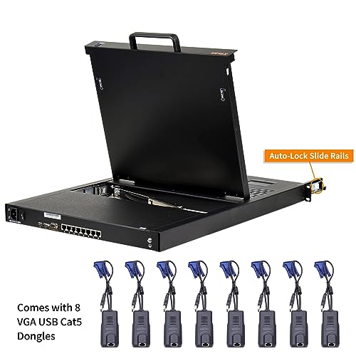 Image of 8 Port Cat5 KVM Console with 19 inch Rack Mount Monitor Keyboard,8 VGA Dongles