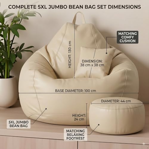 Image of KAM'S LIEU 5XL Bean Bag Combo with Footrest & Cushion | Filled with High Density EPS Beans | Comfortable Sofa for Living Room & Bedroom | 6 Months Warranty, Color- (Cream, 5XL, Classic)