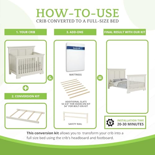 Image of Full-Size Conversion Kit Bed Rails for Oxford, Soho, Ozlo & Avalon Baby Convertible Cribs - Solid Wood - Toddler & Adult Rail for Full-Size Bed - Nursery & Baby Furniture (Heirloom White, Hook-On Kit)