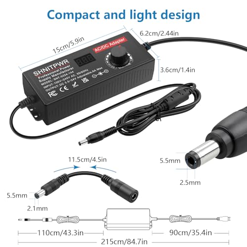 Image of SHNITPWR Adjustable Universal Power Supply DC 4V~24V 3A 5A 6A 144W AC /DC Adapter with USB C Charger PD 100W 100V-240V AC to DC Converter Variable Power Adapter 24V,14 Tips,Alligator Clip Power Cable