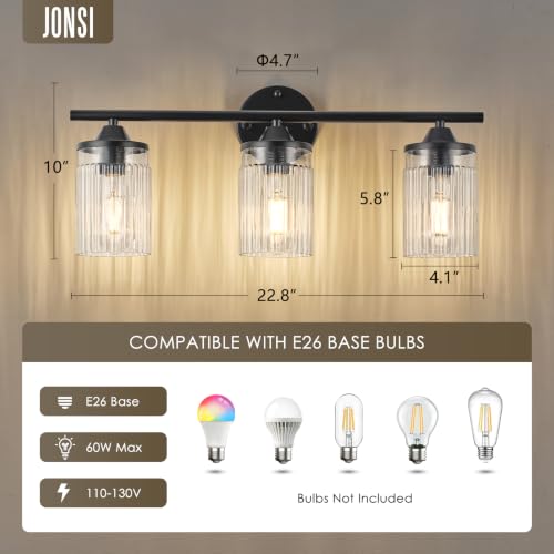 Image of Jonsi Black Bathroom Light Fixtures 3-Light Vanity Lights Modern Wall Sconce with Clear Glass Shade Bathroom Light Fixture Over Mirror for Bedroom Hallway Kitchen