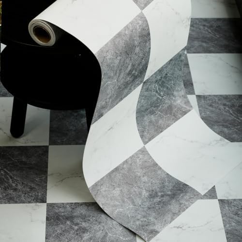 Checkered Peel and Stick Vinyl Flooring Roll – 15.7"x 236" Matte Finish Self Adhesive Floor Paper with Wear Layer, Covers Old Floors, Quick Fix for Flooring Jobs, 1-Person Update for Kitchen, Bathroom