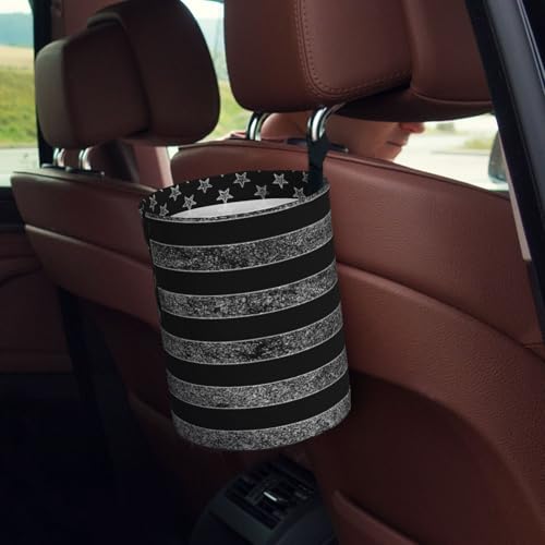 Image of Small Car Trash Can, Black American Flag Design Hanging Foldable Car Trash Bag, Waterproof Leakproof Garbage Bin, Car Interior Organizer Accessories