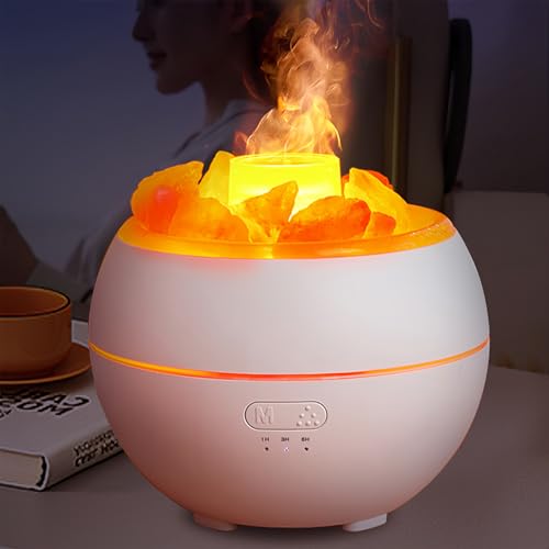 5-in-1 Essential Oil Diffuser & Crystal Himalayan Salt Lamp & Aromatherapy Humidifier & Night Light & Home Decor, Ultrasonic Diffuser with Flame Lighting& Salt Stones& Timer, Safety Auto Shut-Off