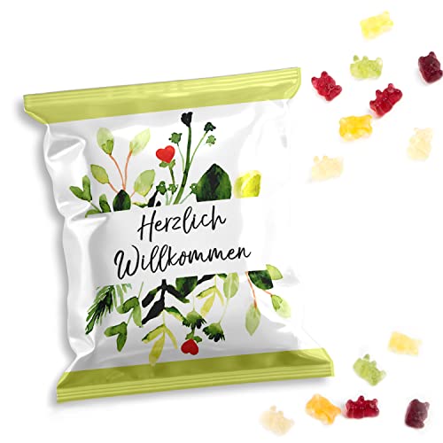 Gummibärchen Mini-Tütchen, 100 Stück: Kleine Tüten Fruchtgummi, Herzlich Willkommen, Gastgeschenke Hochzeit, Geburtstag & Taufe, Geschenk Gäste, Willkommensgeschenk Gäste, Süßigkeiten Klein, 7 x 9 cm