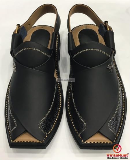 Handmade Leather Peshawari Chappal: Men's Black Casual Sandals2
