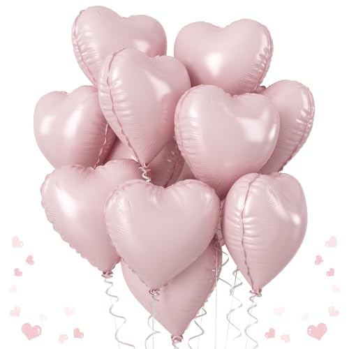 Baby Pink Heart Balloons 18 Inch Pink Heart Balloons 12Pcs Large Pearl Pink Heart Shape Foil Balloons Pastel Pink Helium Foil Balloons for Boho Girls Women Birthday Wedding Baby Shower Valentines
