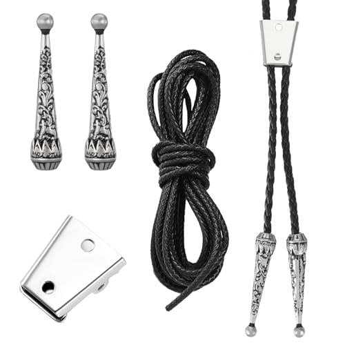 Fyntave 4 PCS Bolo Tie Kit Leather Rope with Silver Clasp Western Cowboy Vintage Cowgirl Tie Findings Kit 2 Pendants Black PU Cord 1 Metal Slide Clasps DIY Bolo Ties Accessories