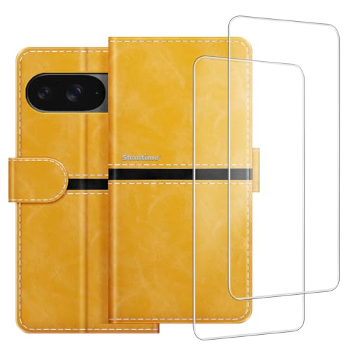 ESACMOT Funda compatible con Google Pixel 10 Pro + [2 unidades] Protector de pantalla de vidrio, funda protectora magnética de cuero para Google Pixel 10 Pro Gold