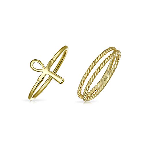 Religious Stackable Minimalist 14K Gold Plated 925 Sterling Silver Egyptian Ankh Cross Ring Set 1MM Enhancer Cable Band