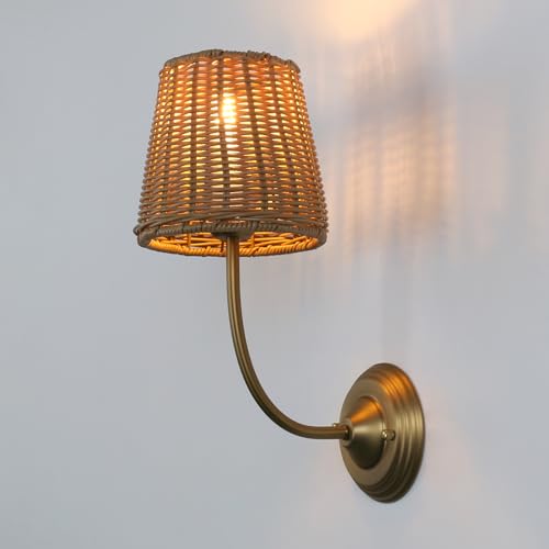 Image of 1-Light Boho Wall Sconce Fixture with Imitation Rattan Woven Shade, Rustic Hardwired Rattan Sconce Wall Lighting for Bedside Hallway Living Room Bedroom