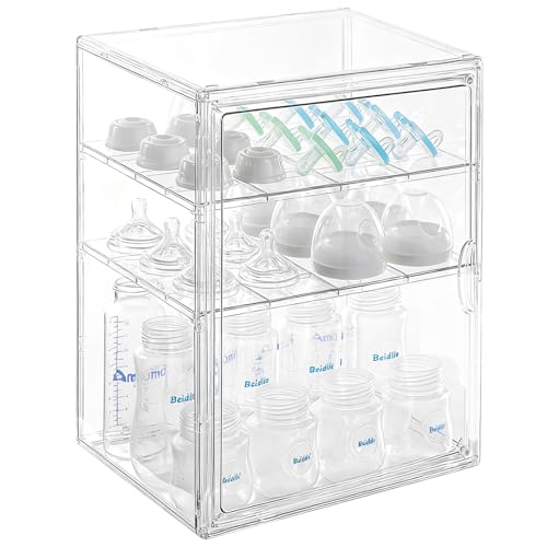 Image of ERTIUANIO Baby Bottle Organizer – 3 Tier Acrylic Bottle Storage Organizer Container, Clear Plastic Bottle Station Organizers Drawers for Countertop Kitchen Cabinet Vanity, Bathroom, Gifts for New Mom