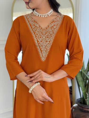 Image of Naixa Women's Rayon Cotton Lining Embroidered Straight Kurta with Pant and Dupatta Sets (NX-470)