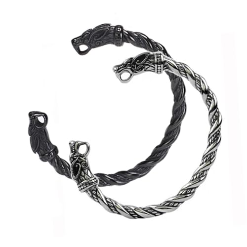 TURTLEDOVE 2PCS Viking Wolf Bangle - Stainless Steel Cuff Bracelet Fenrir - Norse Scandinavian Torc