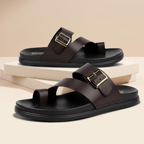 Image of Men's Premium Leather Toe Loop Slippers | Adjustable Buckle Slip-On Flats | Comfortable Cushioned Footbed | Casual Summer Beach Walking Slippers | Brown