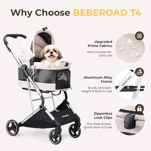 Image of T4 PRO Pet Stroller for Small Medium Dogs, Cat Strollers for 2 Cats, 4 Wheels Folding Pet Stroller for Cats with Pad, Canopy and Cup Holder, Beige