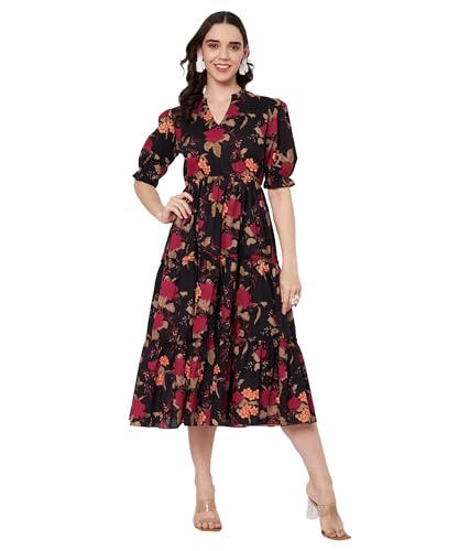 Image of PIDAVLIYA'S Women's Cotton Floral Printed Midi Dress | V-Neck Fit & Flare Dress with Puff Sleeves | Casual Summer Wear