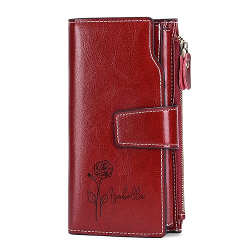 Personalized Engraved Name Wallet,Custom Birth Month Flower Wallet with RFID Blocking Genuine Leather Credit Card Holder Large Capacity for Women(Wax-Burgundy)