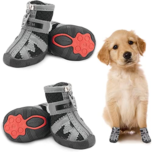Image of KUTKUT Small Dog Boots, Breathable Shoes With Anti-Slip Rugged Sole, Hiking Boots With Reflective & Adjustable Strap Zipper Closure for Small Medium Dogs 4Pcs (Black Grey)