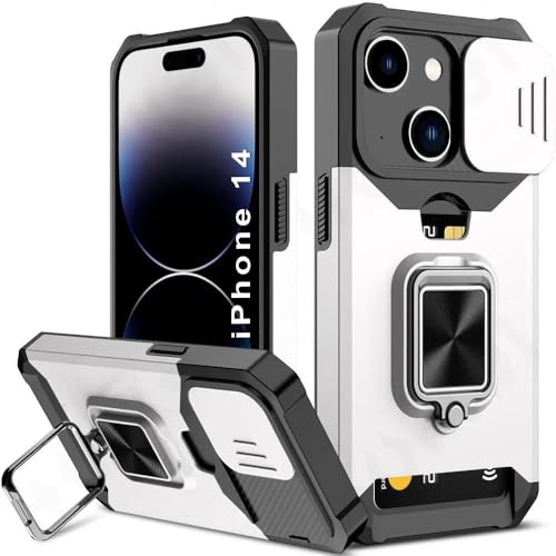 Image of LuxuryKase Shockproof Armor Case for iPhone 14 | Slide Camera Cover | Hidden Card Slot | Rotating Ring Kickstand | Magnetic Car Mount Support | Military Grade Protection - White