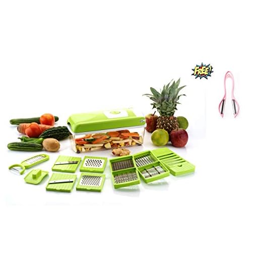 khodiyar 12 in 1 Plastic High-Grade Rust-Free Stainless Steel Blades Vegetable Choppers for Kitchen, Large (Green) - 15 Different Tools