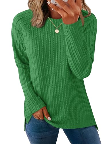 ZESICA Long Sleeve Shirts for Women Crewneck Side Slit Casual Loose Tunic Tops Lightweight Basic Tee Fashion Clothes,Green,Small