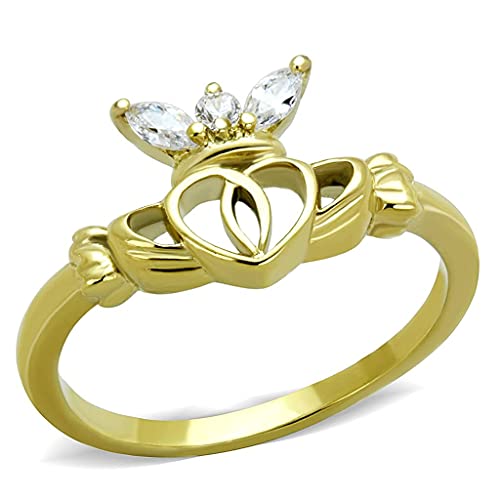Eternal Sparkles Women's Silver Claddagh Celtic Irish Fashion Comfort Statement Love Ring (Dainty Gold Claddagh, 10)