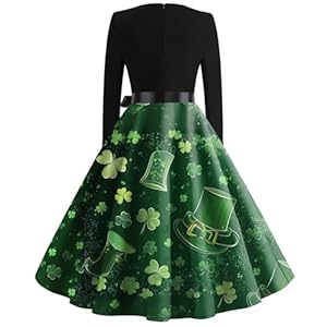 Womens Long Sleeve St Patricks Cute Clover Print Casual Crewneck A Line Flare Swing Dress St Patricks Day Costumes