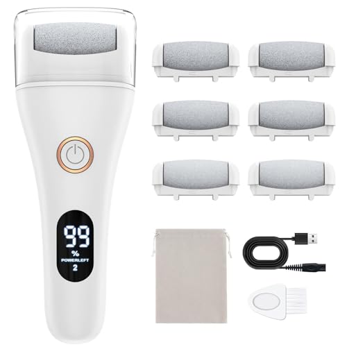 Hoxida Lima eléctrica recargable con 6 rodillos de repuesto, resistente al agua, removedor de callos, pedicura, para piel dura, talones agrietados y piel muerta, color blanco