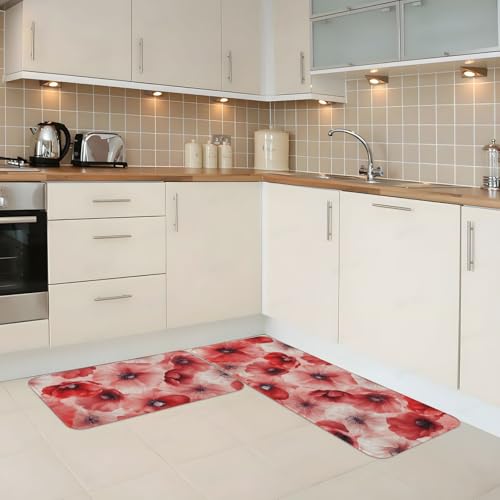 Tapete de cocina acolchado de flores rojas, alfombra cómoda lavable para suelo 3