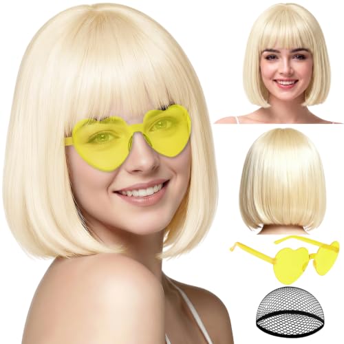 PLULON Blonde Short Bob Wig with Bangs for Women Colorful Neon Short Bob Synthetic Hair Wigs with Hair Cap Heart Sunglasses for Girls Daily Bachelorette Halloween Costume Party Supplies